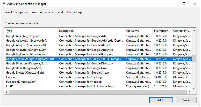 add SSIS Google Cloud Storage connection manager